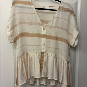 Blu Pepper | Cream & Tan Striped Button-Front Peplum V-Neck Blouse